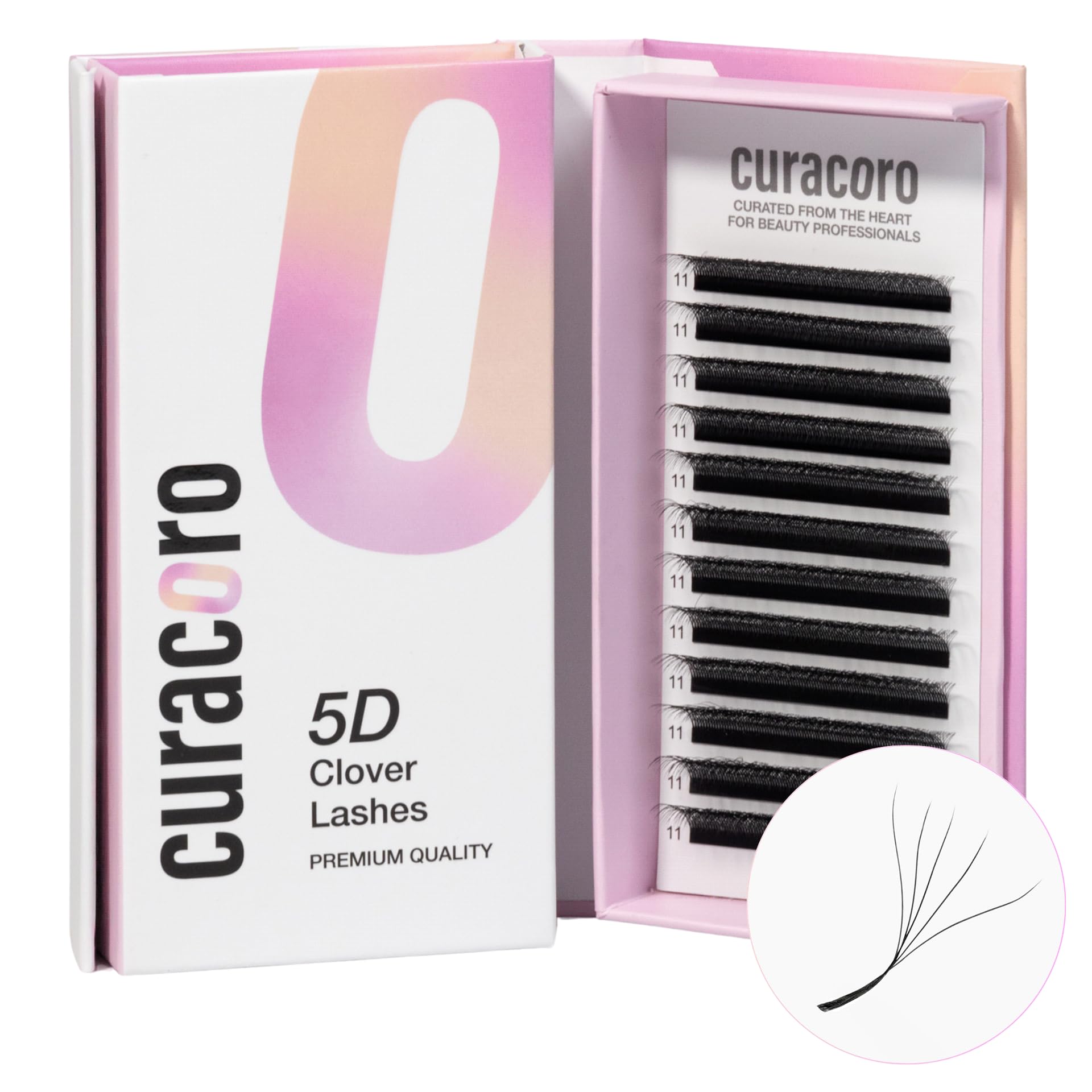 Curacoro 5D Clover lashes extensions tray close-up showing five bonded extensions for bold volume