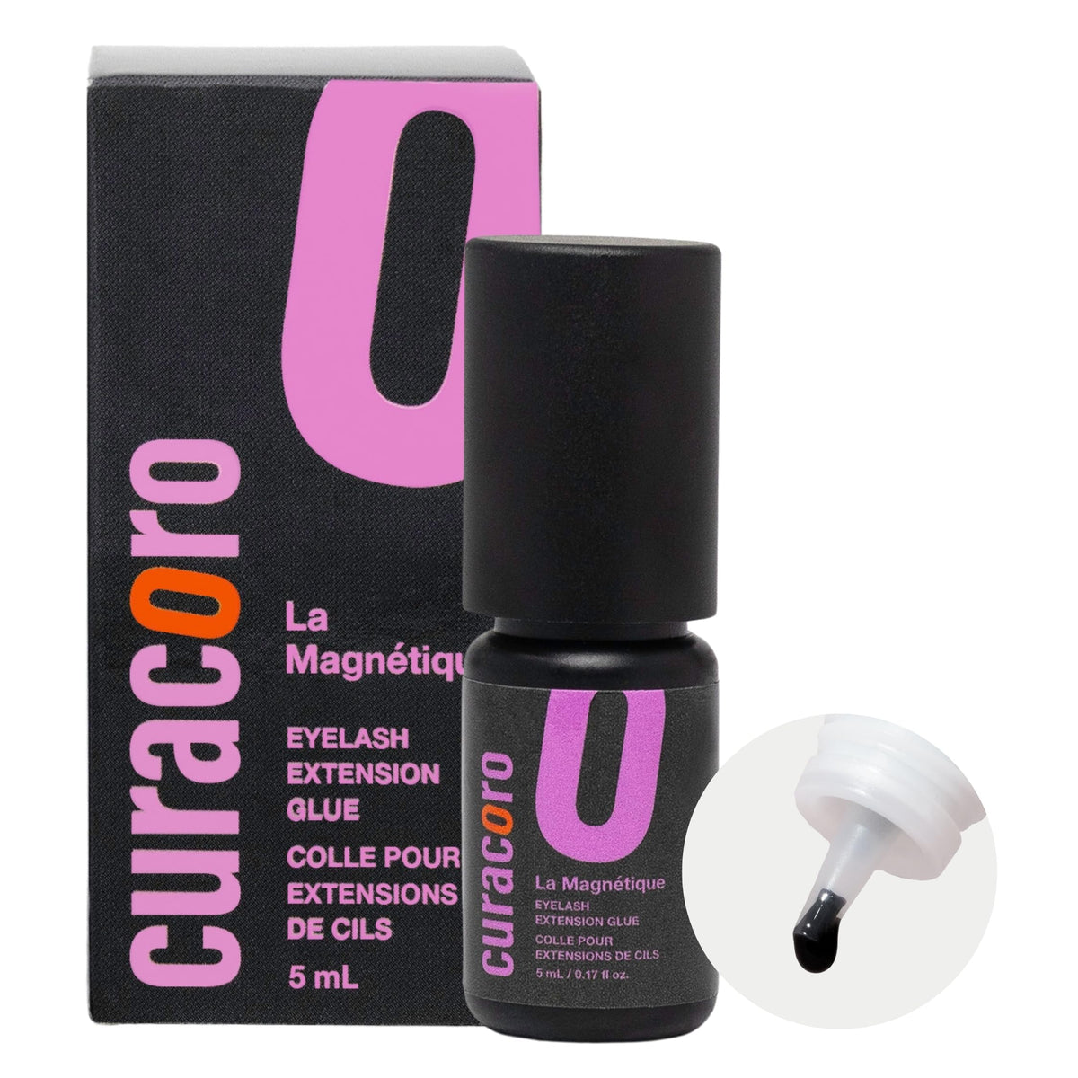 Curacoro eyelash glue clear bottle close-up for precise salon extensions.