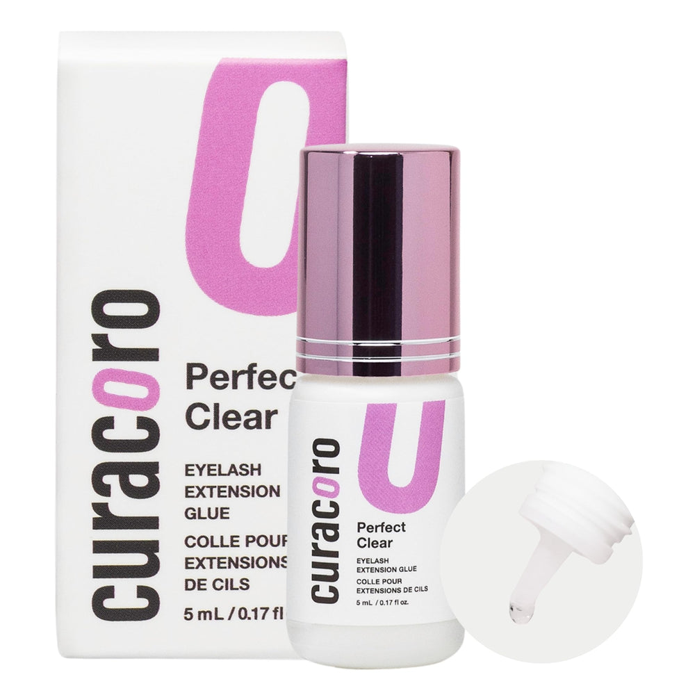 Curacoro eyelash glue in a clear bottle designed for professional salon use.