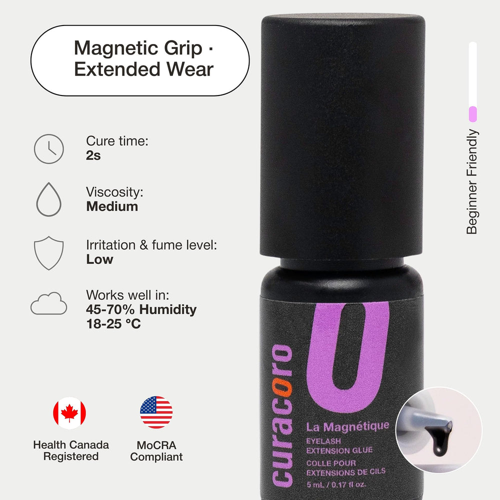 Curacoro eyelash glue humidity-friendly close-up shows stable performance at 45-60% RH.