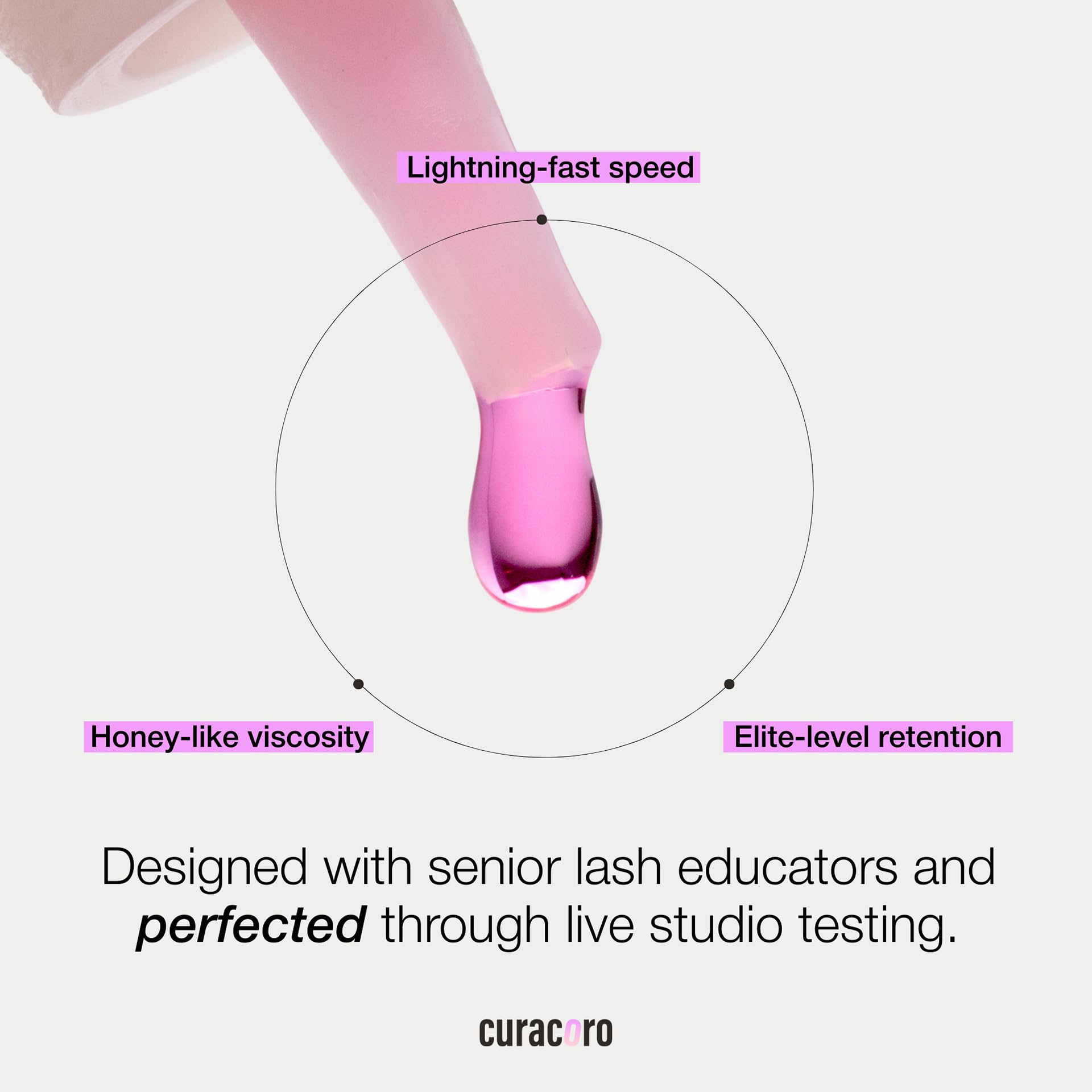 Curacoro glue bottle in bubblegum pink emphasizes visibility during lash placement.
