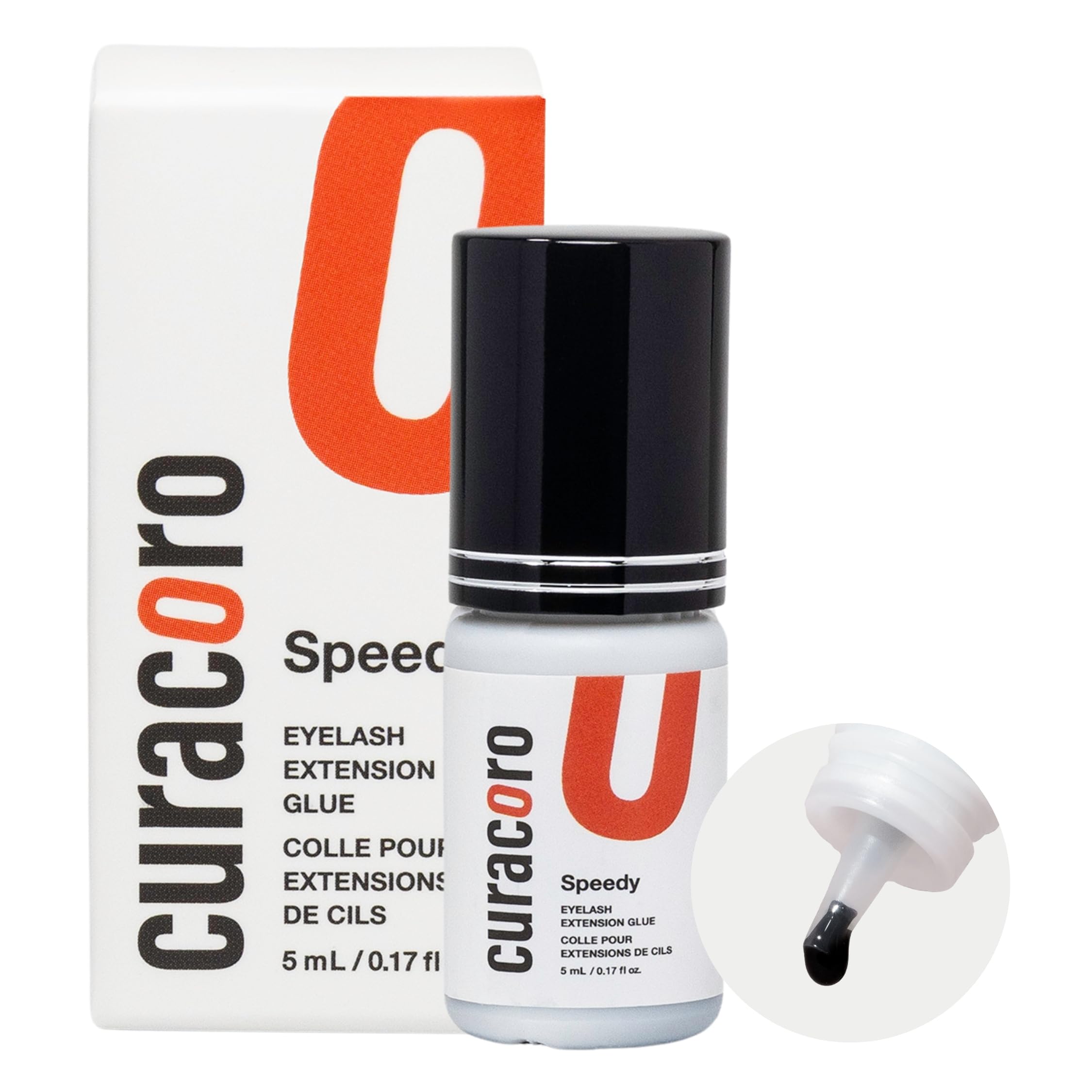 Curacoro glue bottle clear closeup, salon-grade adhesive for experts.