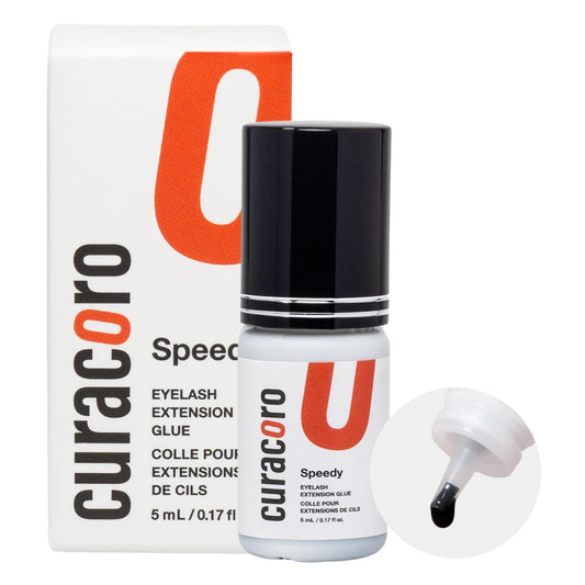 Curacoro glue bottle clear closeup, salon-grade adhesive for experts.
