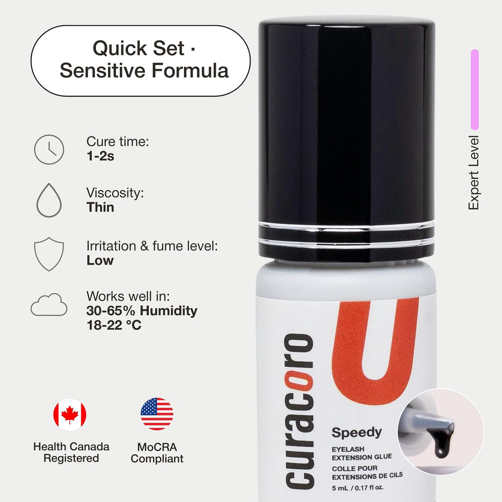 Curacoro formaldehyde-free glue closeup, safer option for professional clients.