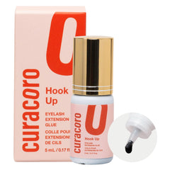 Curacoro HookUp Glue clear bottle close-up for professional lash retention.