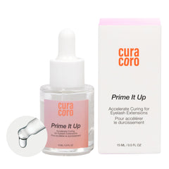 Curacoro Prime It Up bottle close-up demonstrates professional lash primer for strong adhesion
