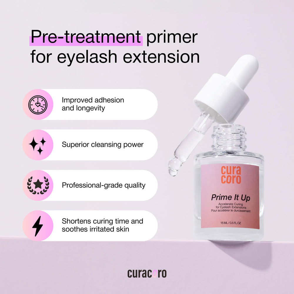Curacoro Prime It Up lash prep scene highlights removal of oils and proteins before extensions