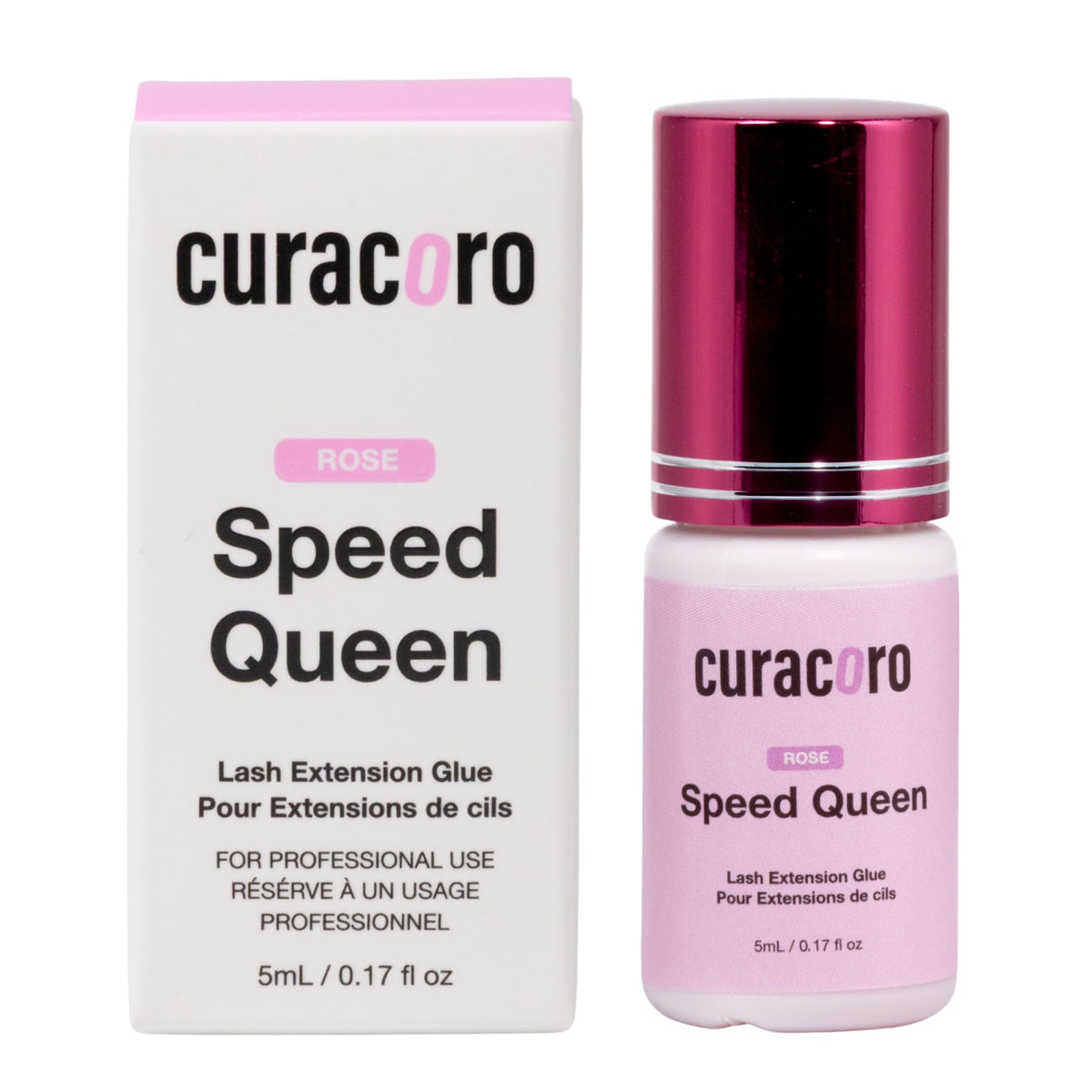 Curacoro professional eyelash glue bottle close-up showing quick-dry action for salons.