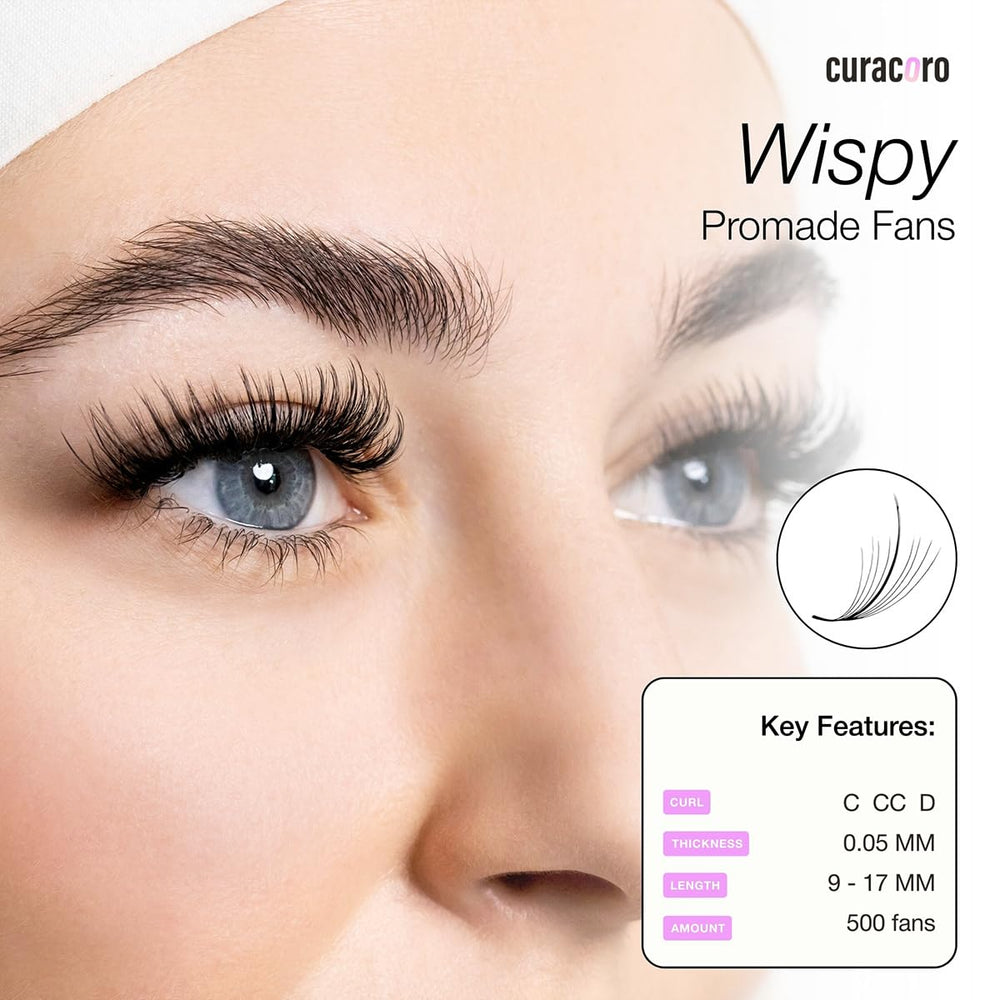 Curacoro Promade Wispy Fans in professional use—trusted by lash artists.