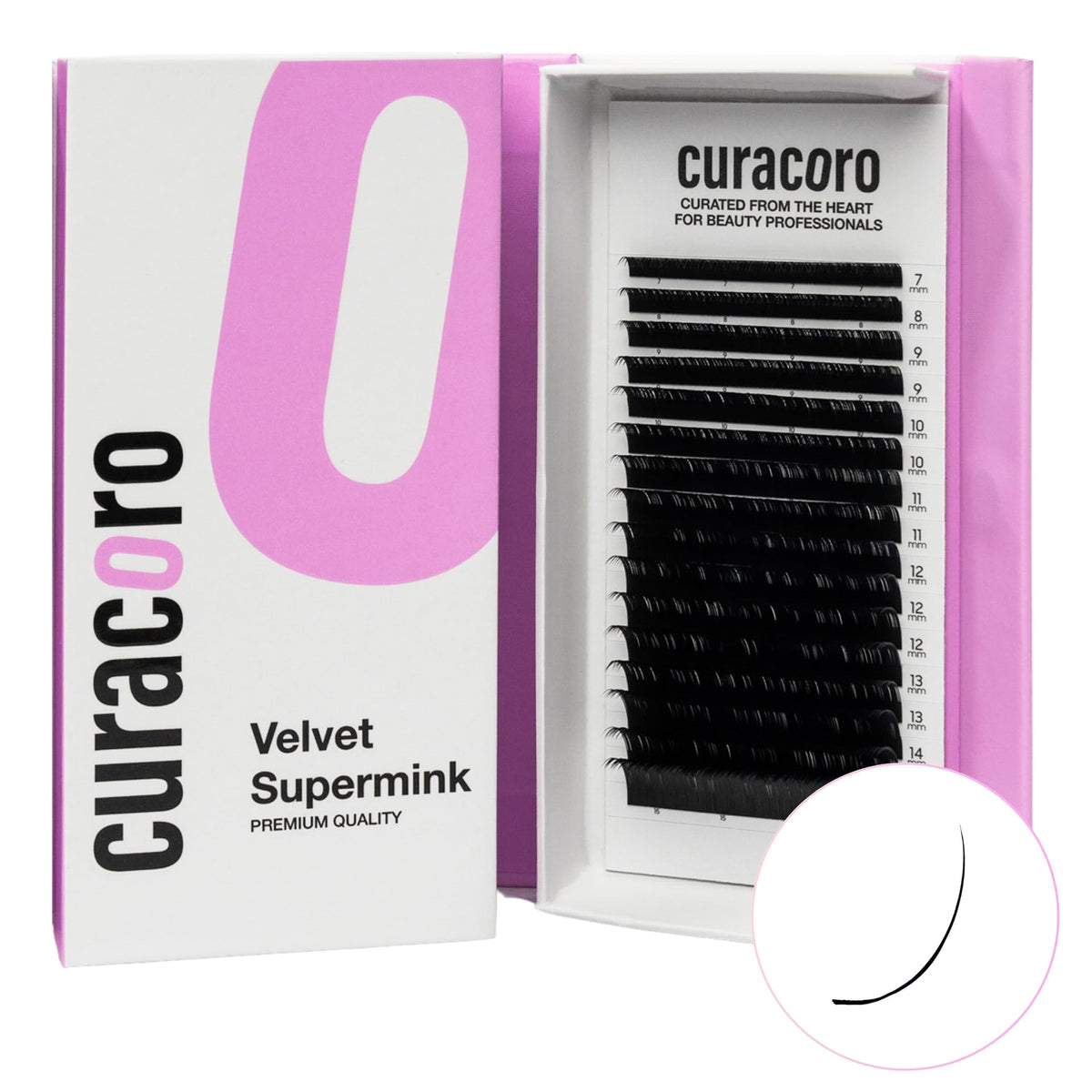 Curacoro Super Mink lashes tray closeup shows premium silk texture for professional styling