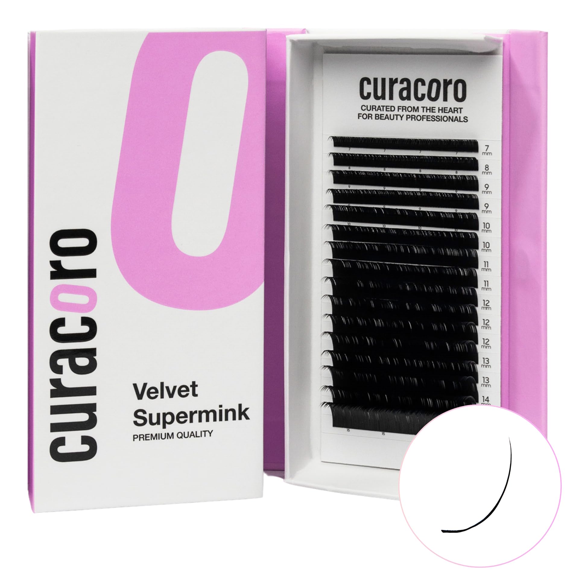 Curacoro Super Mink eyelash tray with mixed lengths for versatile styling.