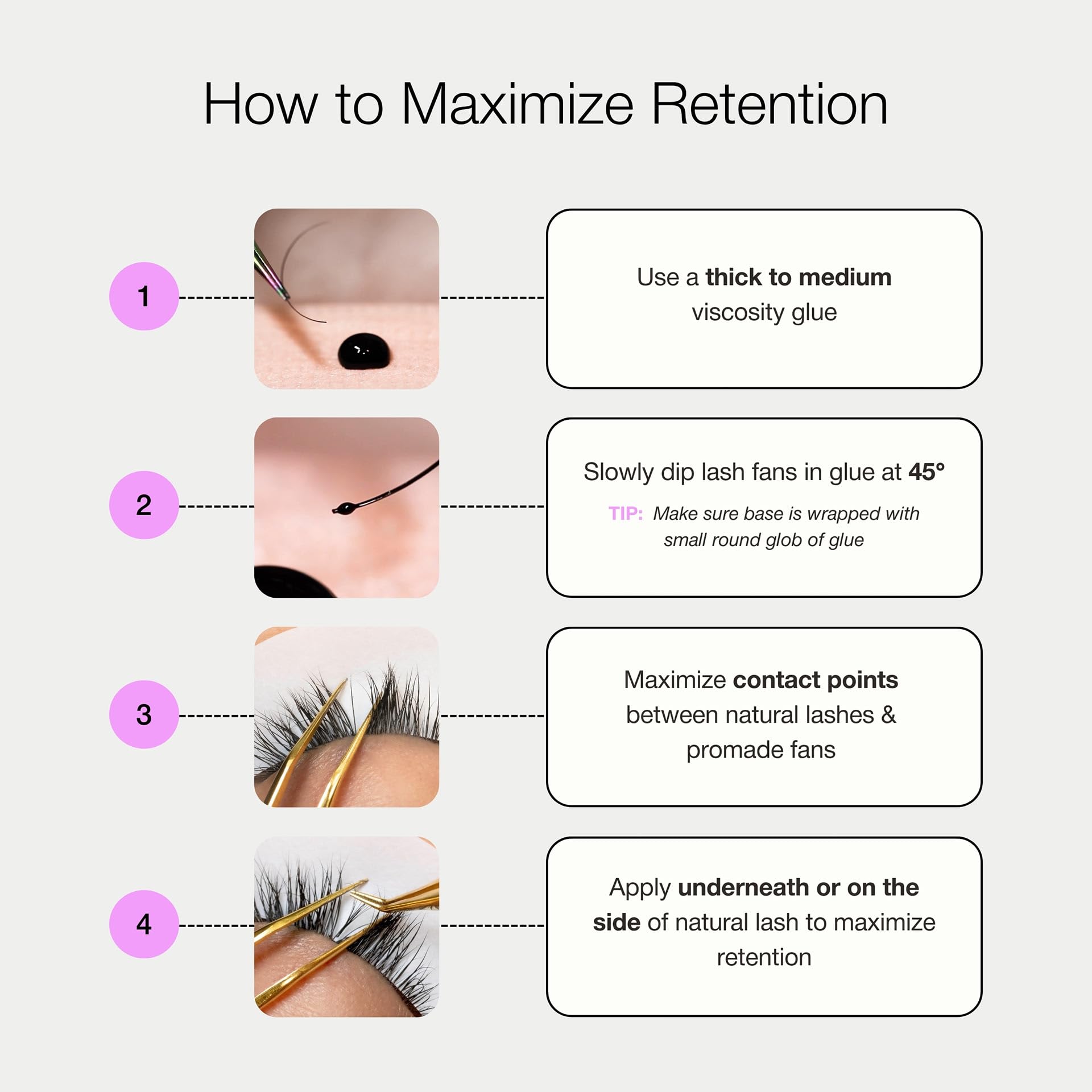 Curacoro YY long stem design improves adhesion with natural lashes.