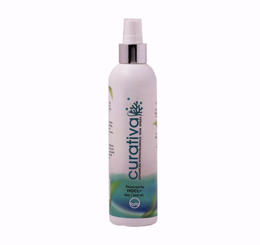 Curativa Bay Hypochlorous Spray mist demonstrates quick skin-refreshing application