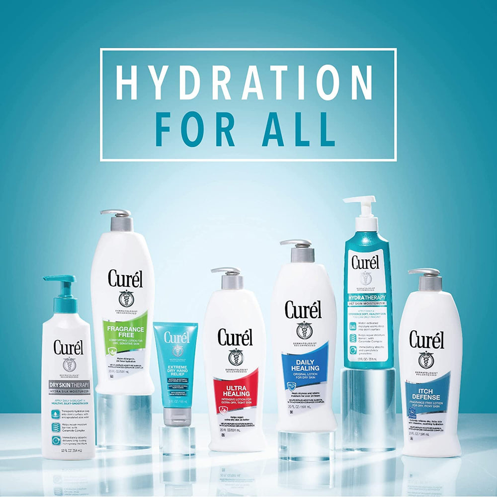 Curel lotion on the face demonstrates safe use and pore-friendly hydration.