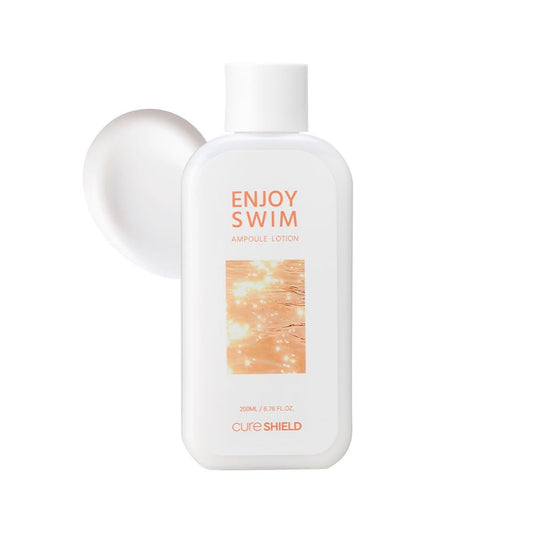 CURESHIELD Enjoy Swim bottle pour highlights fragrance-free, fast-absorbing hydration.