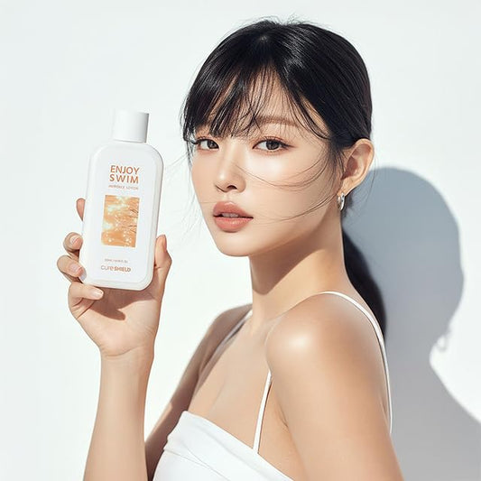 CURESHIELD Enjoy Swim lotion packaging highlights a clean, paraben-free formula.