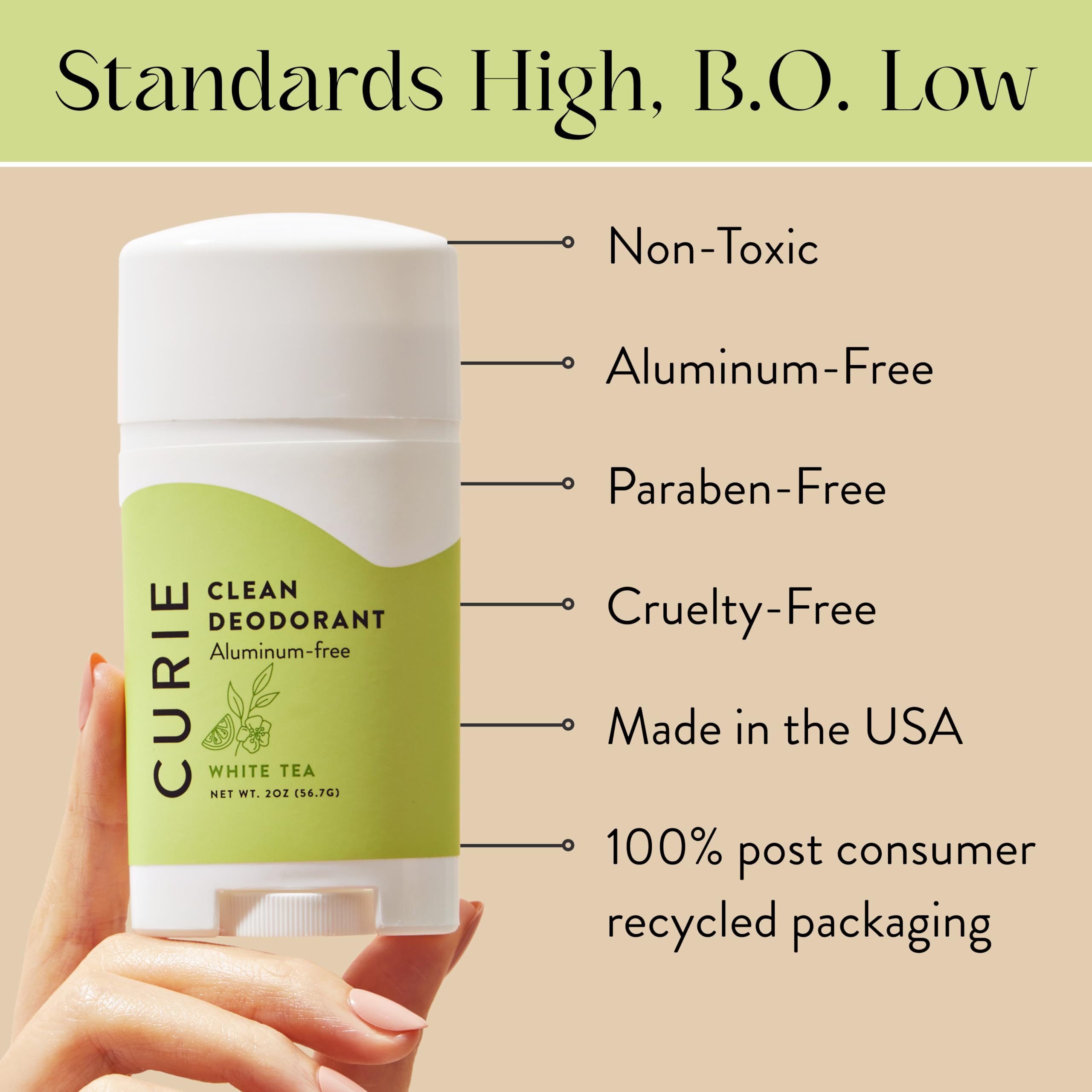Curie aluminum-free deodorant packaging close-up highlighting clean ingredients