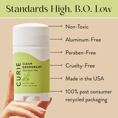 Curie aluminum-free deodorant packaging close-up highlighting clean ingredients