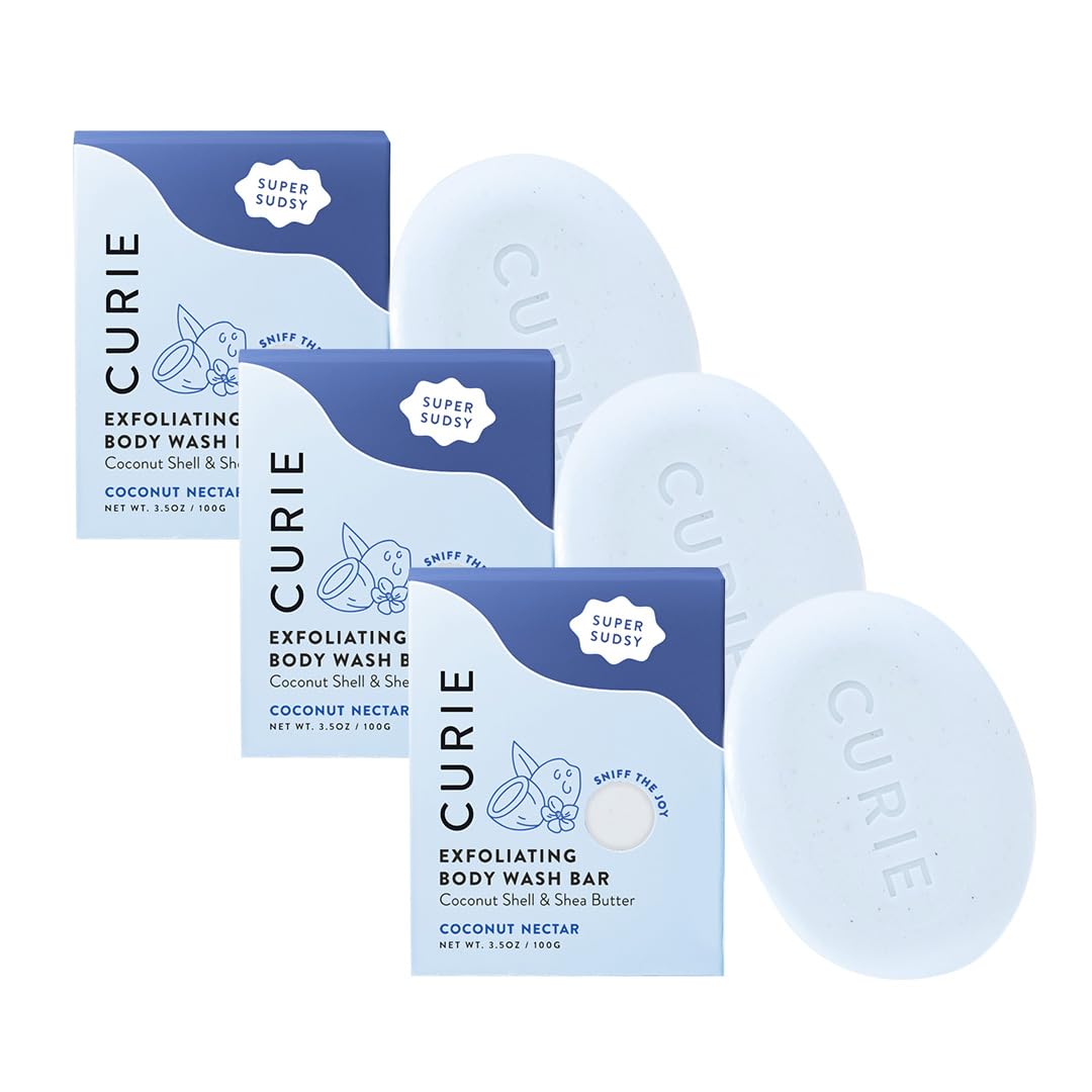 Curie Coconut Nectar Exfoliating Bar close-up with natural coconut shell exfoliants for smoother skin.