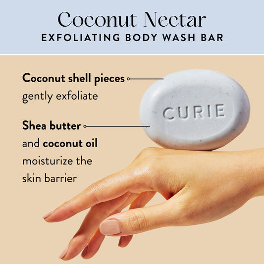 Curie Coconut Nectar Exfoliating Bar aroma highlighting tropical coconut apricot mint scent.