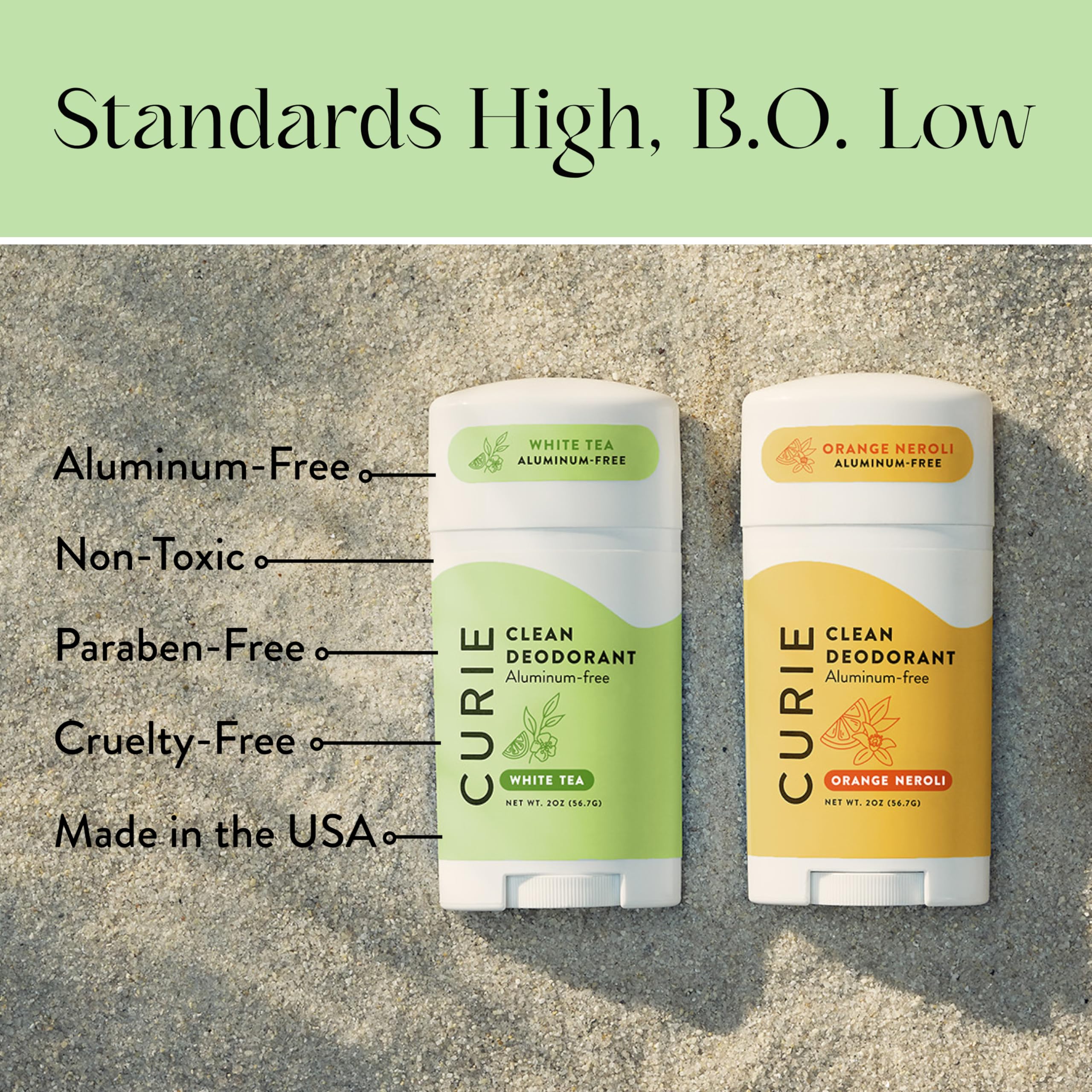 Close-up of Curie deodorant texture highlights non-greasy, comfortable wear.