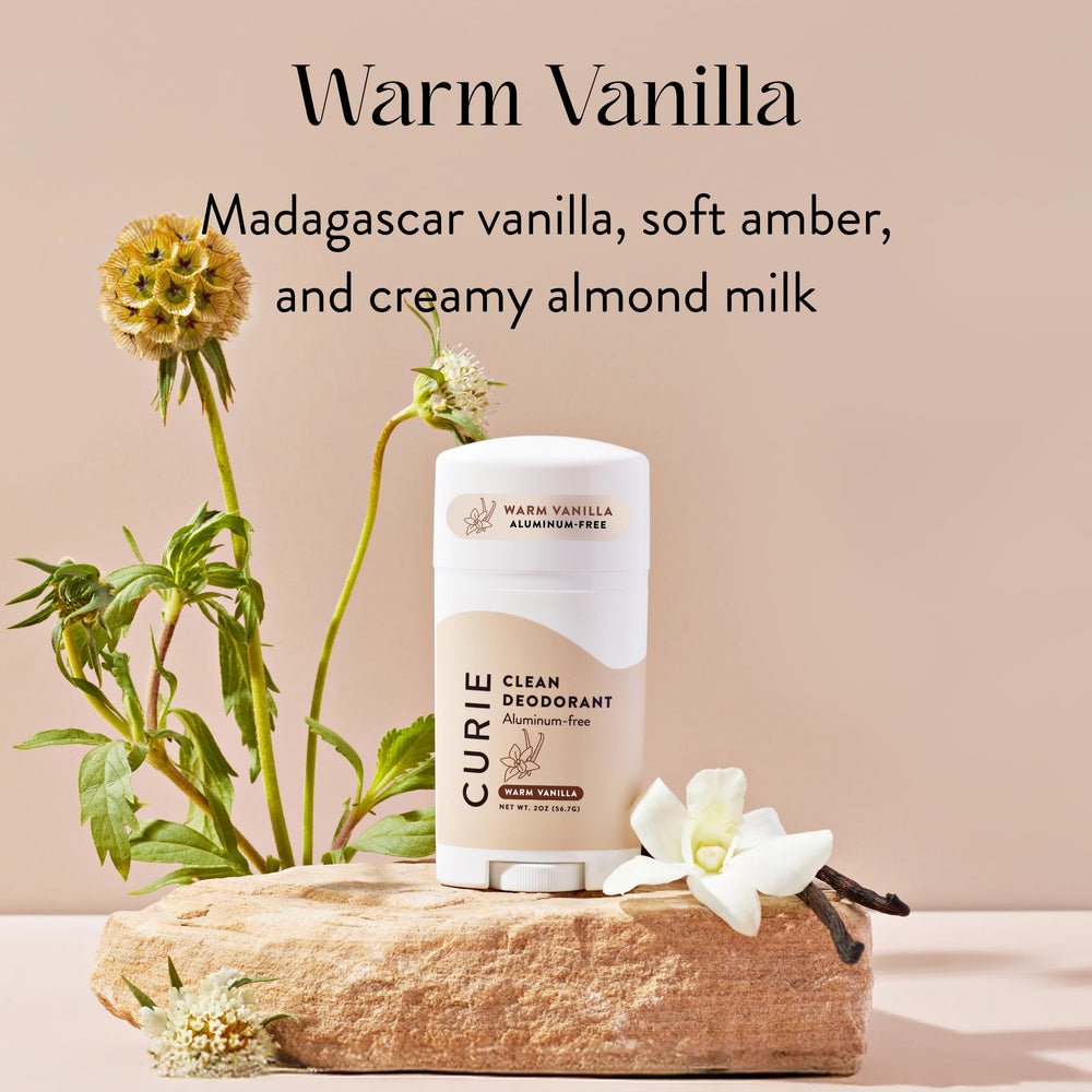 Curie deodorant ingredients emphasize vegan, paraben-free formulation.