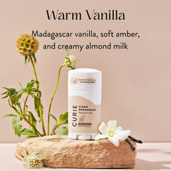 Curie deodorant ingredients emphasize vegan, paraben-free formulation.