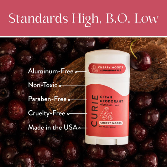 Curie Cherry Woods mini travel-size deodorant in purse for on-the-go freshness