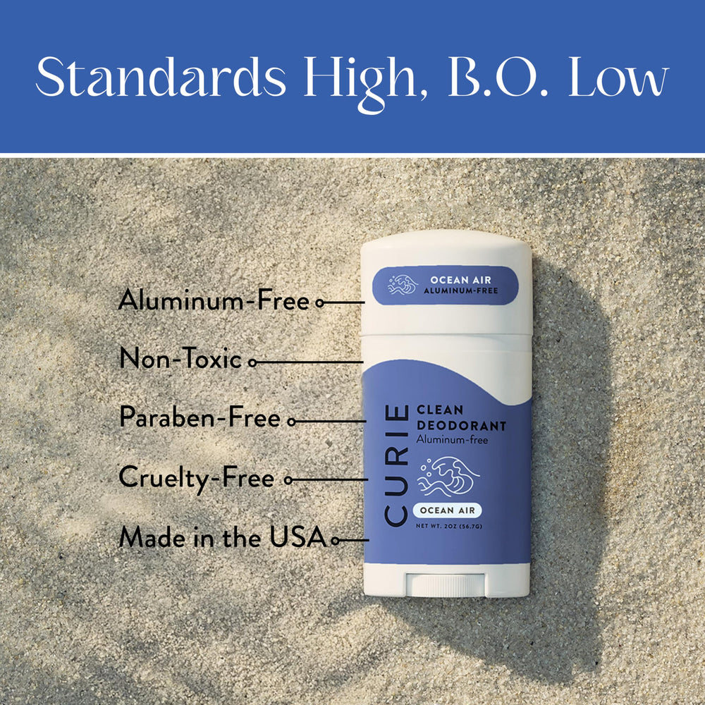 Curie Ocean Air 3pk packaging highlights a sustainable, clean deodorant option.