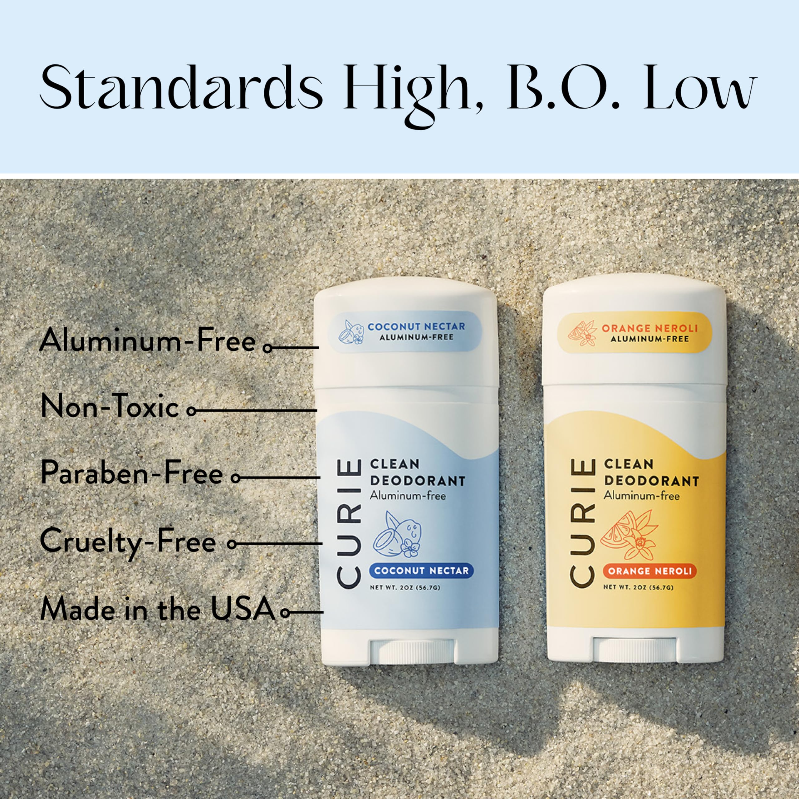 Curie packaging display highlighting aluminum-free vegan formula.