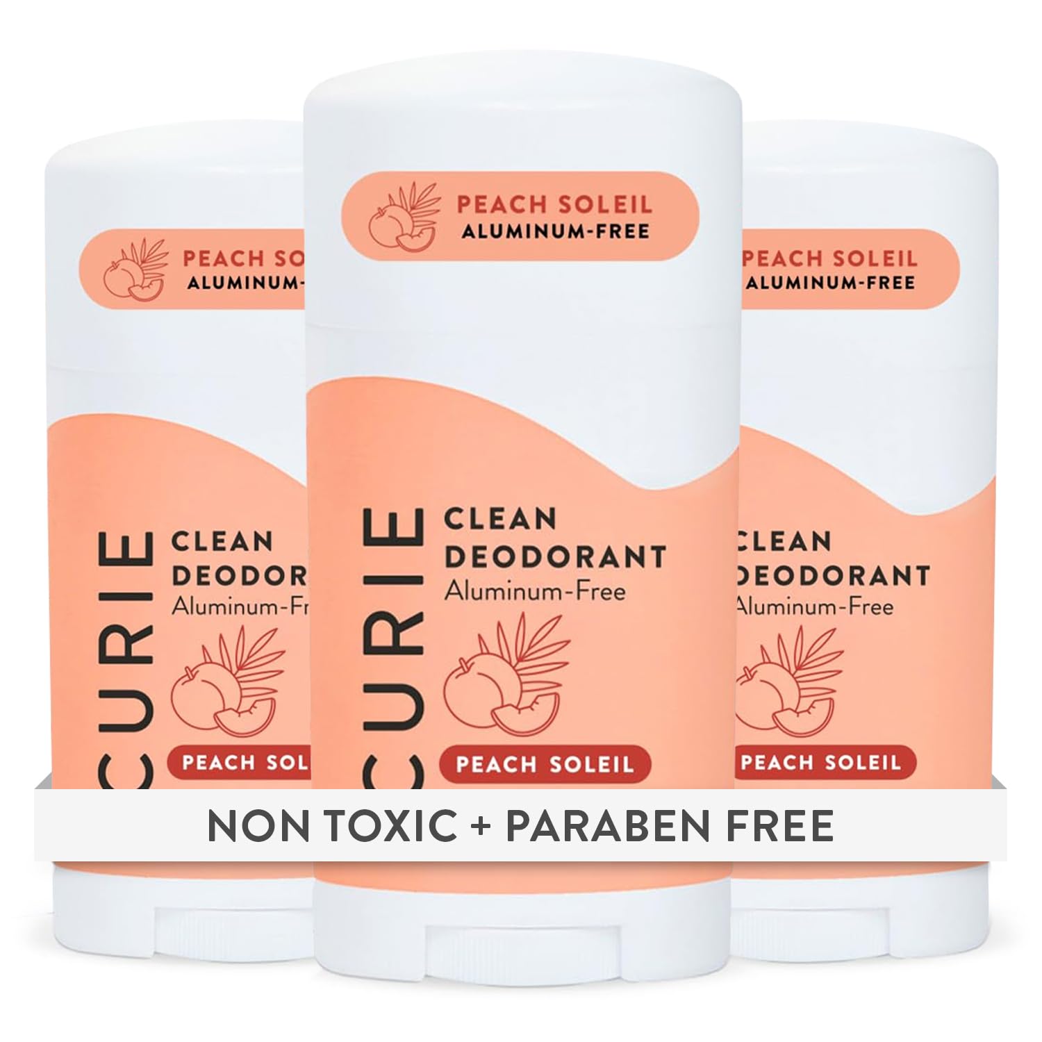 Curie Peach Soleil deodorant stick close-up showing aluminum-free freshness