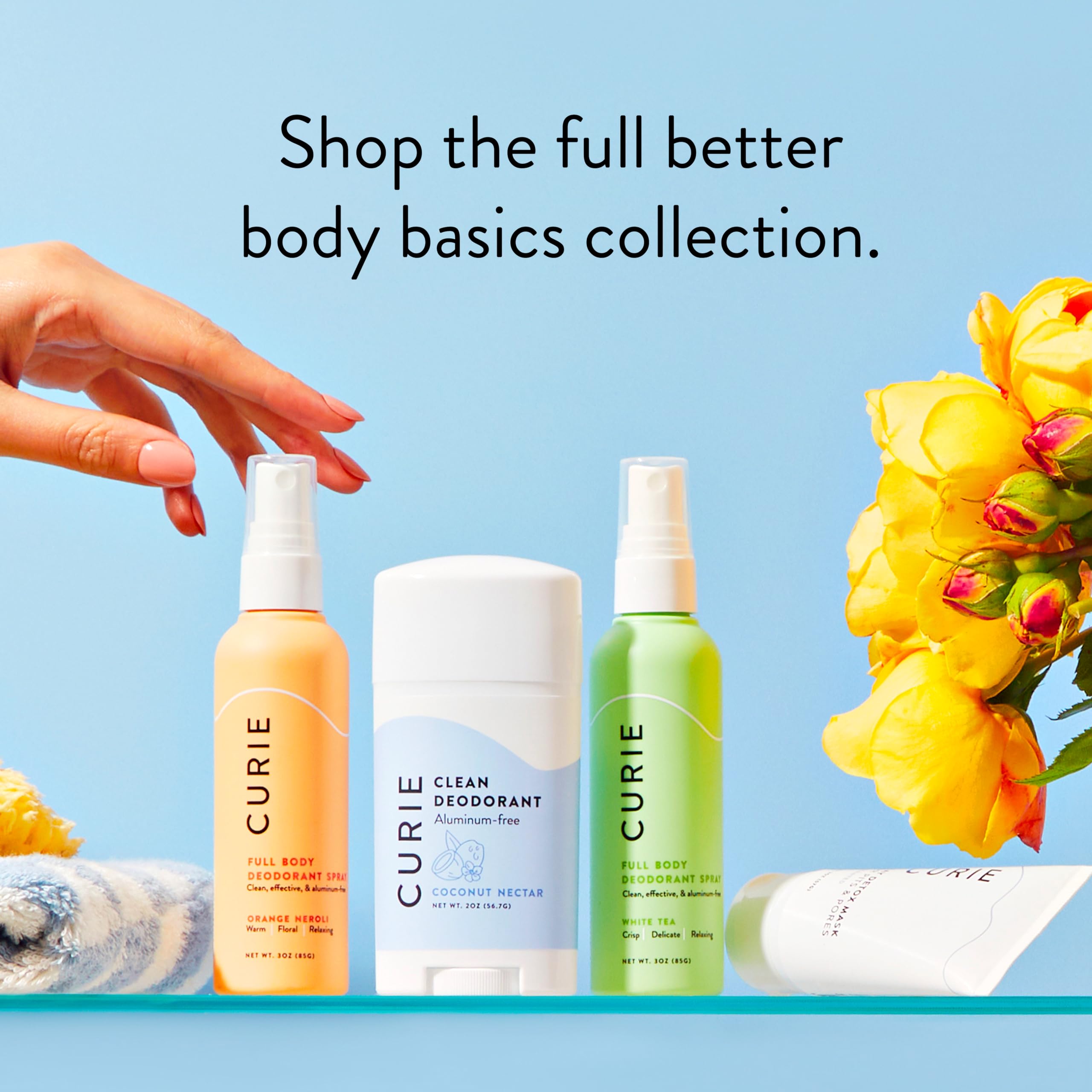 Curie Peach Soleil packaging image emphasizing sustainable sourcing and clean beauty standards