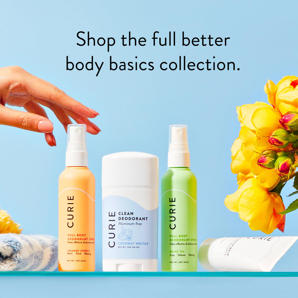 Curie Peach Soleil packaging image emphasizing sustainable sourcing and clean beauty standards
