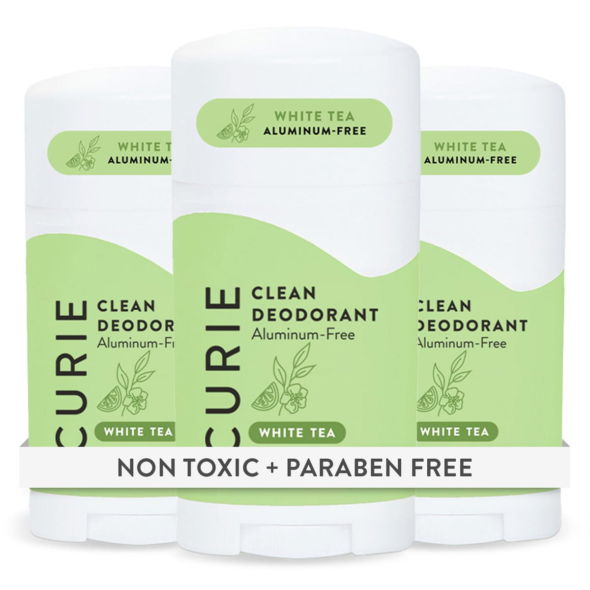 Curie White Tea deodorant stick showing aluminum-free formula for daily freshness.