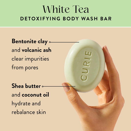 Curie White Tea Detoxifying Bar close-up suds for deep cleansing with gentle nourishment.