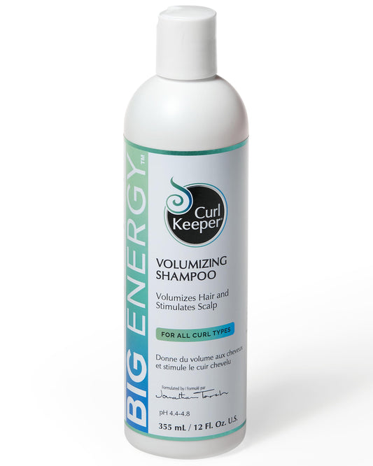 Curl Keeper Big Energy shampoo bottle front promotes voluminous curls.