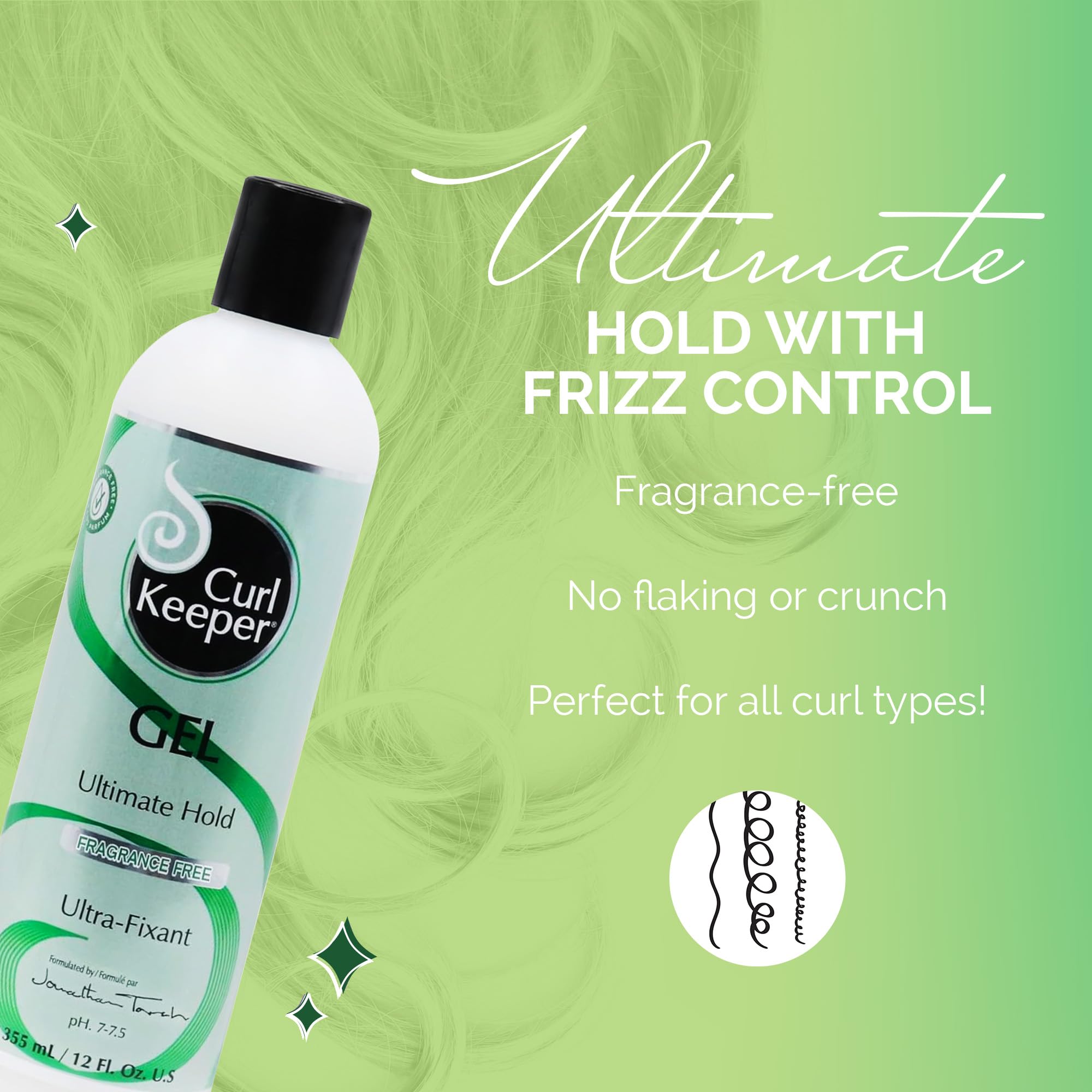 Curl Keeper fragrance-free formula highlights clean, lightweight gel for all curl types.