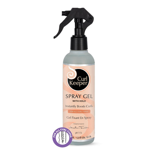Curl Keeper Hair Gel spray bottle demonstrating instant hold for curls