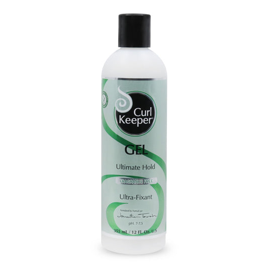 Curl Keeper Ultimate Hold Gel bottle demonstrates strong hold for defined, frizz-free curls.