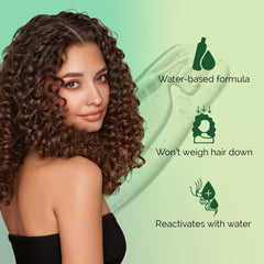 Curl Keeper water-based gel in use shows lightweight formula that won’t weigh hair down.