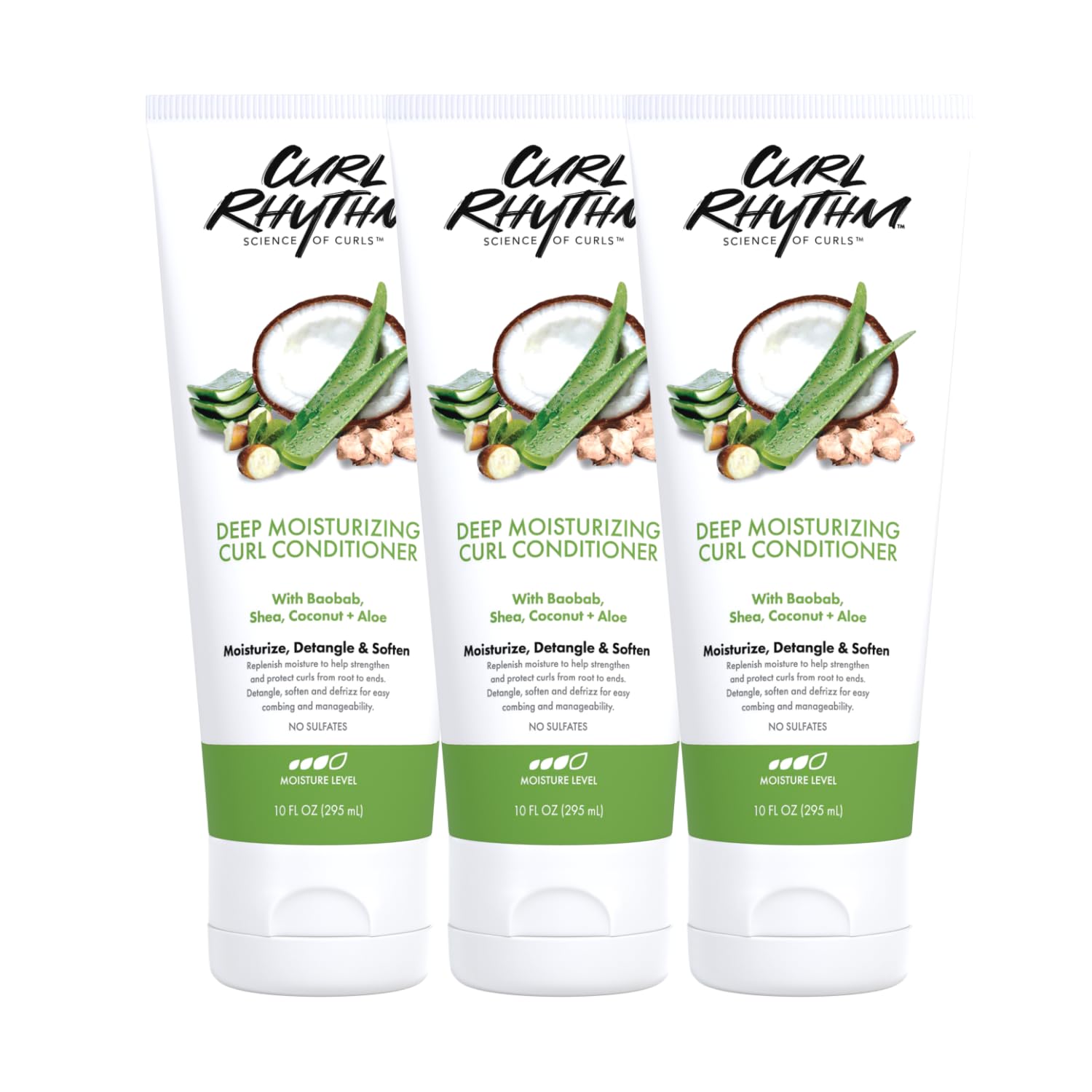 Curl Rhythm Deep Moisturizing Curl Conditioner bottle showing nourishing, detangling action for soft curls.