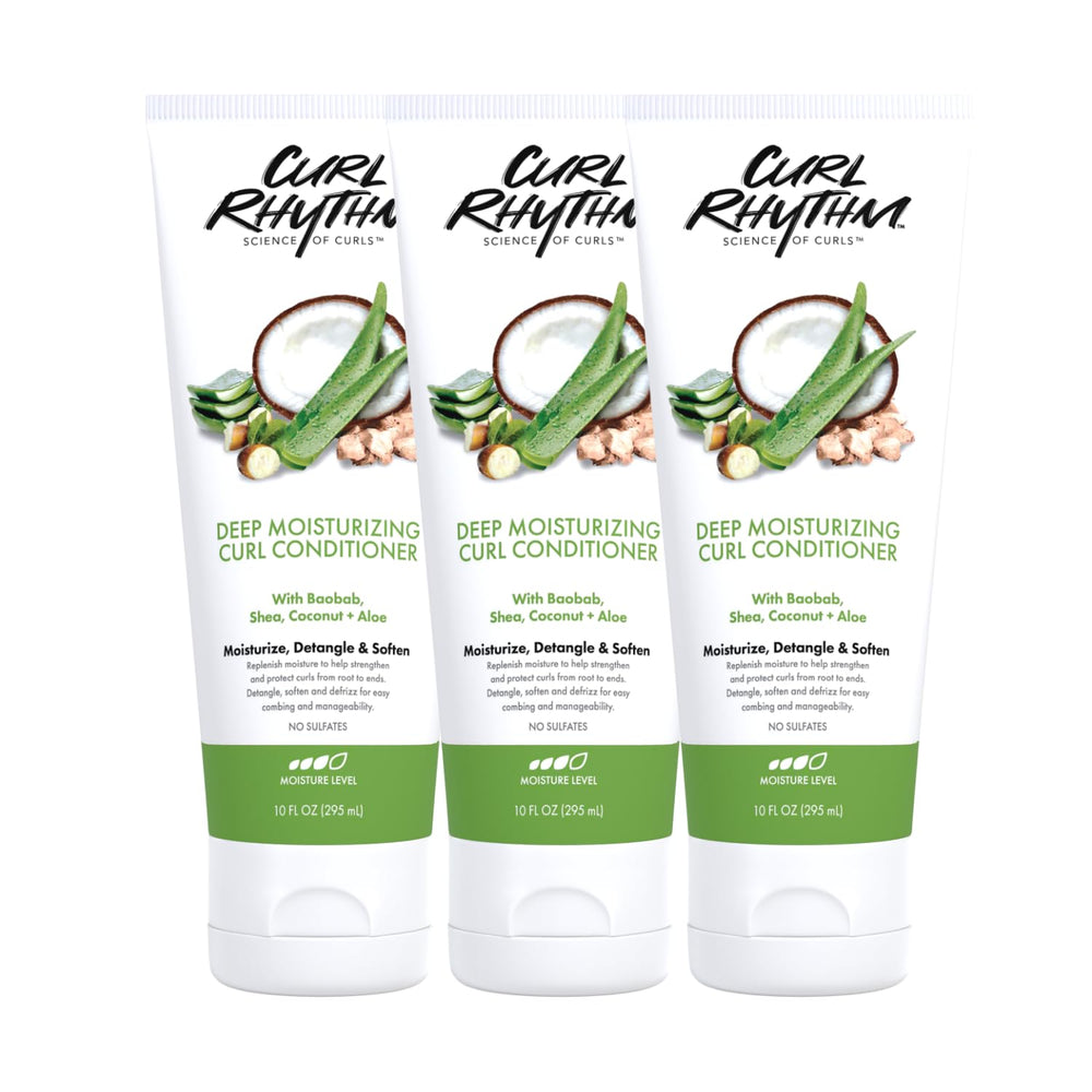 Curl Rhythm Deep Moisturizing Curl Conditioner bottle showing nourishing, detangling action for soft curls.
