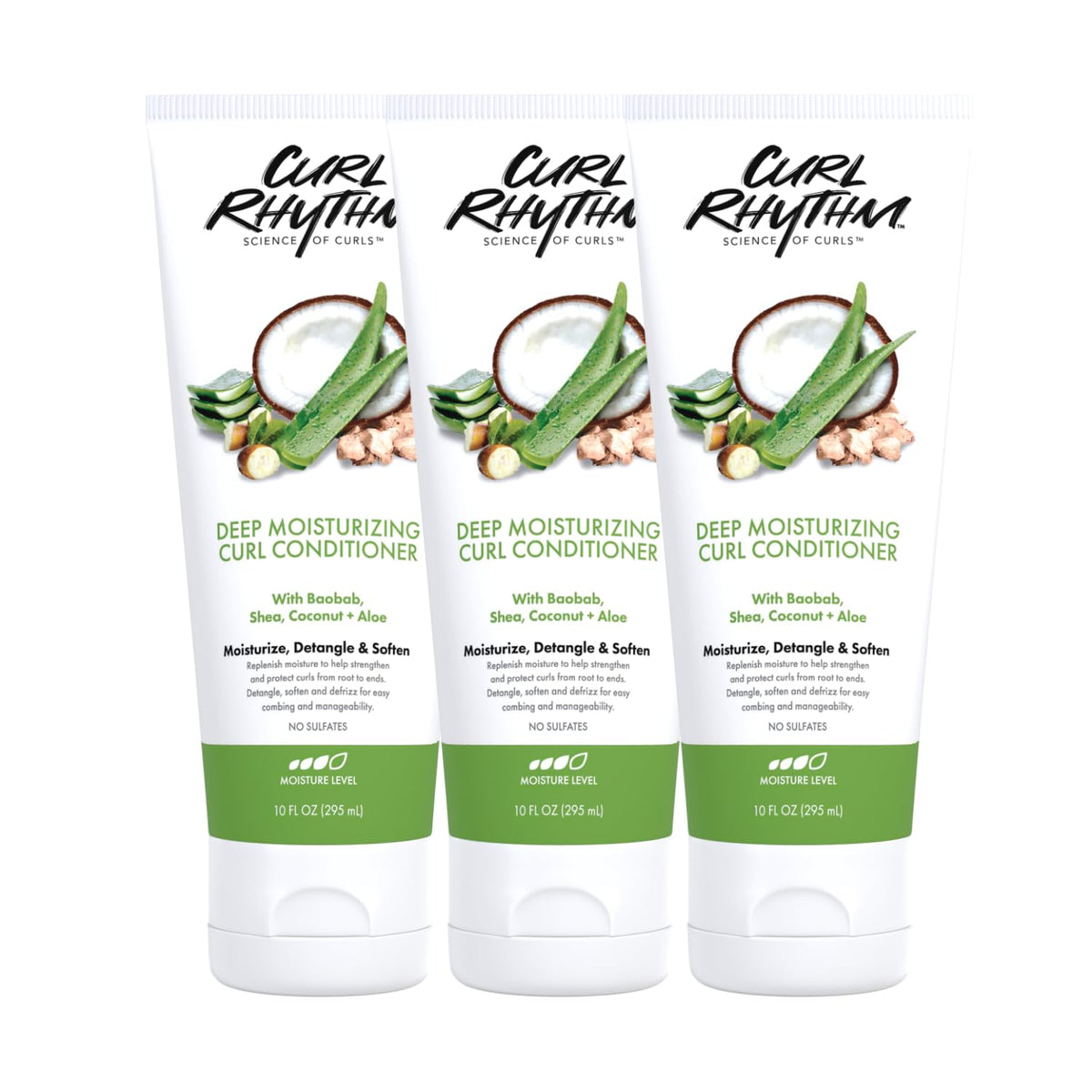 Curl Rhythm Deep Moisturizing Curl Conditioner bottle showing nourishing, detangling action for soft curls.