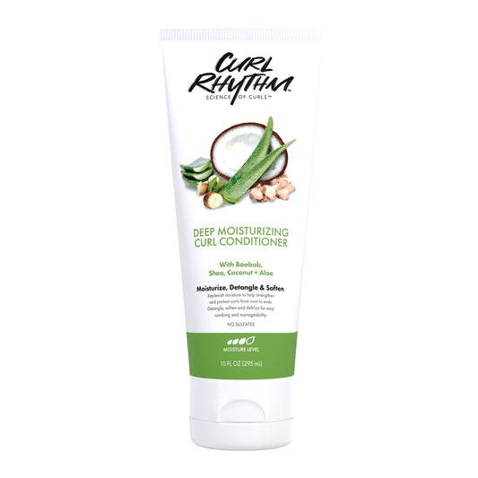 Curl Rhythm Deep Moisturizing Curl Conditioner jar highlights rich shea butter blend for hydrated curls.