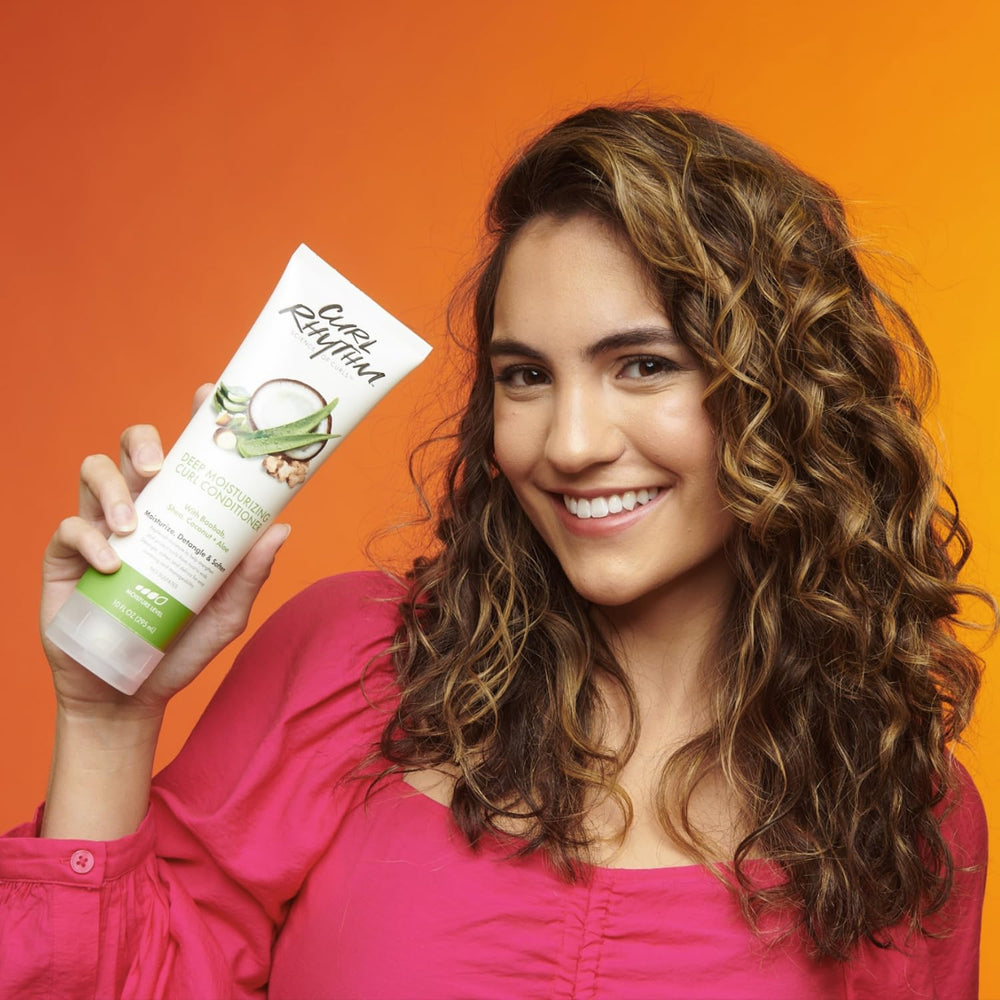 Curl Rhythm hair care routine scene emphasizes daily moisture and frizz control for waves and coils.