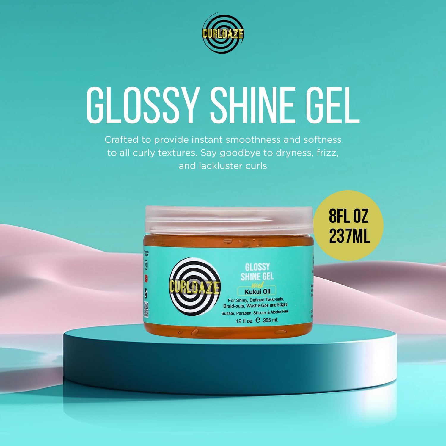Curldaze Glossy Shine Gel close-up with kukui oil for glossy, nourished hair
