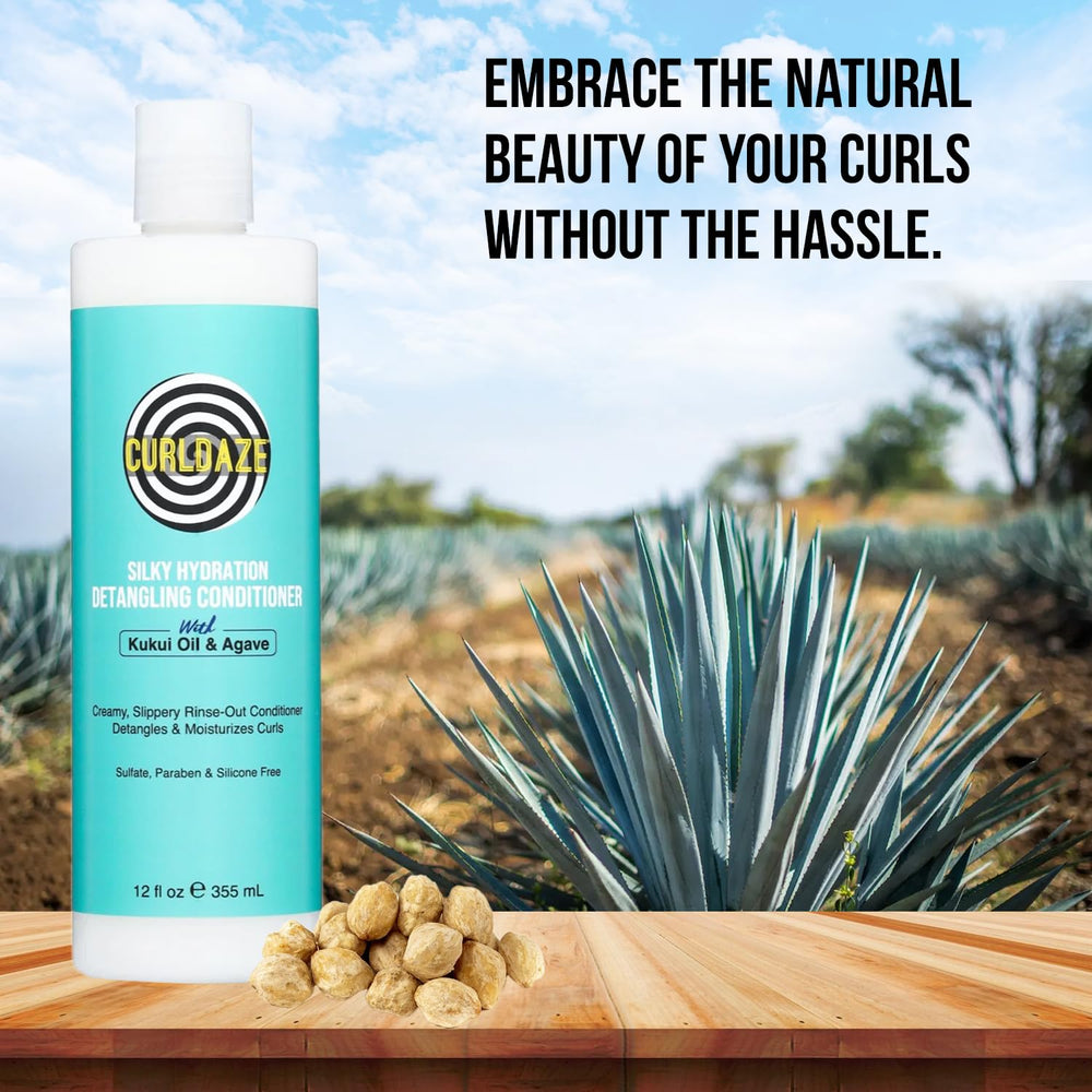 Curldaze Silky Hydration Conditioner with Kukui Oil nourishes and strengthens strands.
