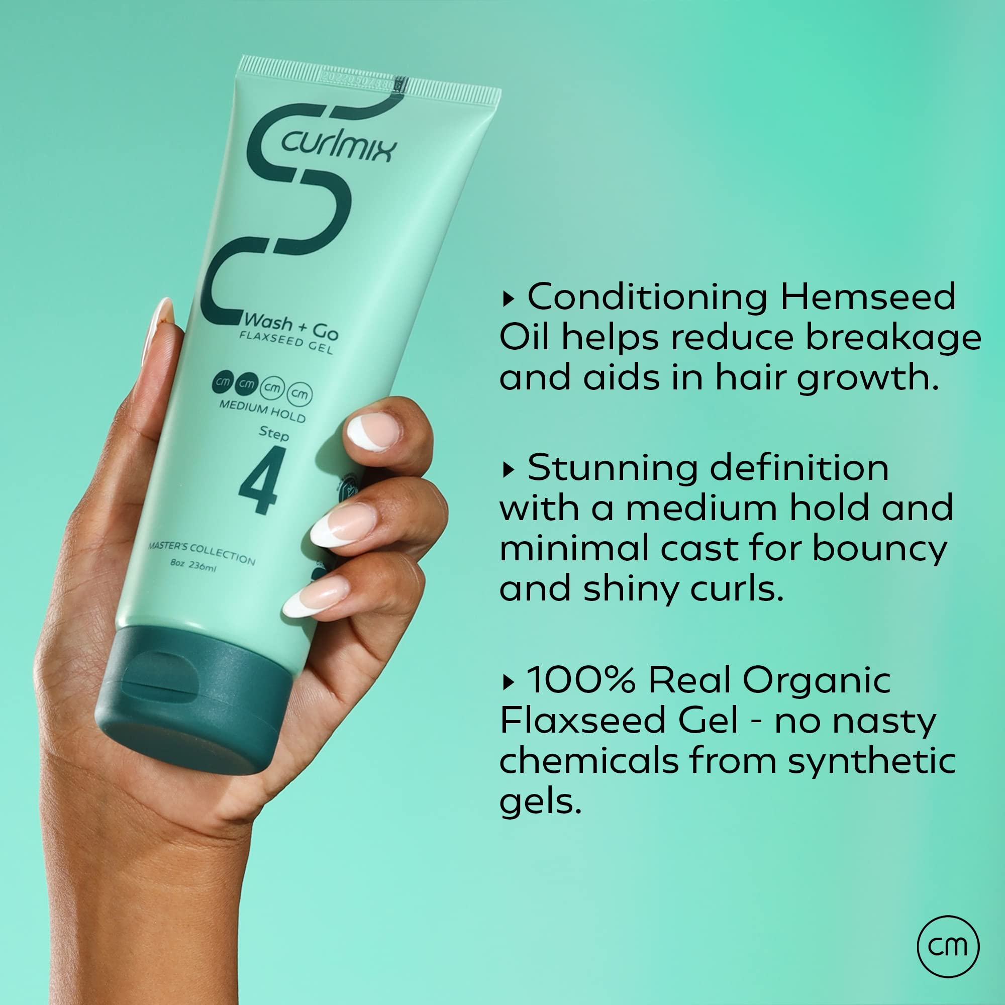 CurlMix Flaxseed Gel application on hair shows smooth, frizz-free shine.