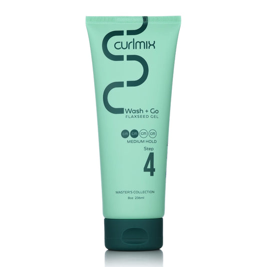 CurlMix Flaxseed Gel bottle pour demonstrates easy, mess-free application for defined curls.