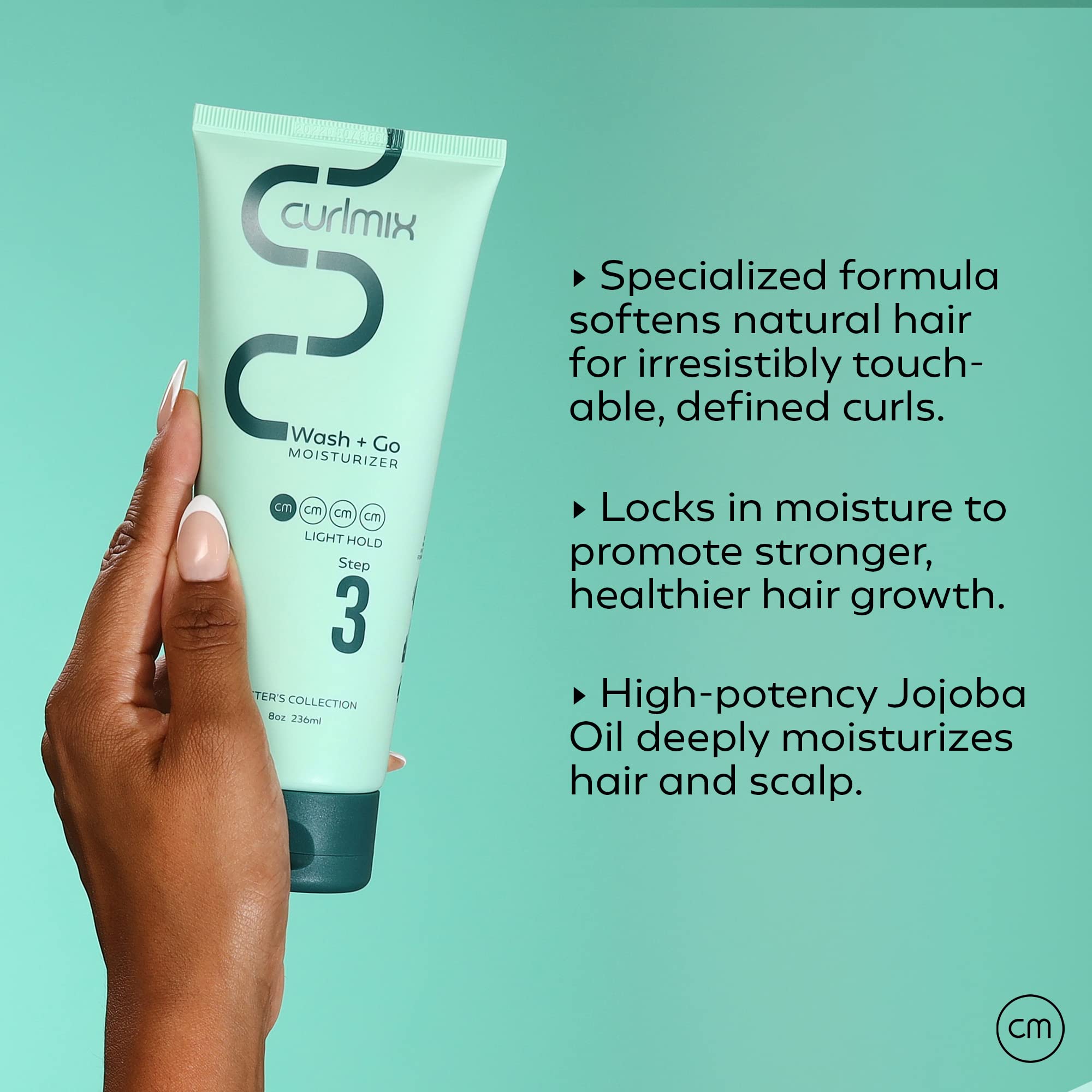 Hands applying CurlMix Light Hold moisturizer to boost gel results with a silky finish.